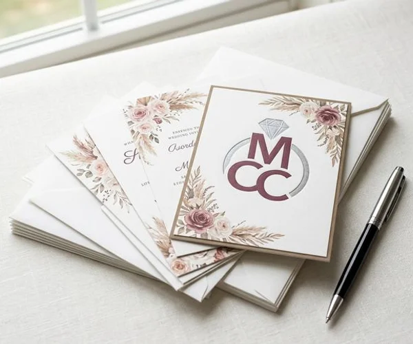 Beautiful stack of custom wedding invitations with envelopes on desk