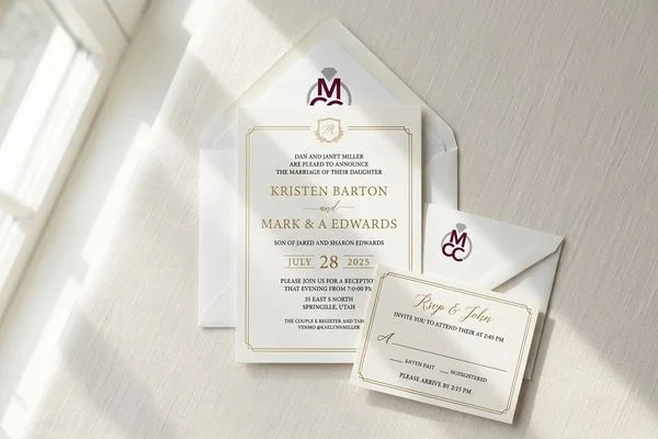 Elegant ivory wedding invitation suite with white envelope and gold details