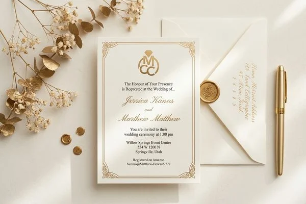 Gold foil temple wedding invitation on premium cardstock