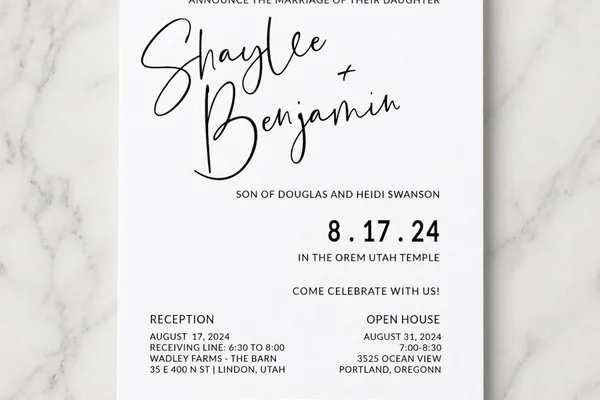 Minimalist LDS wedding invitation with clean typography