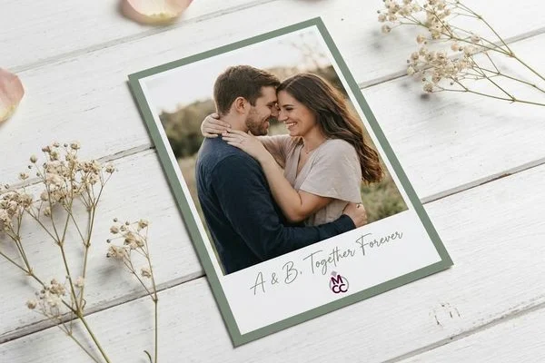 Photo wedding invitation with engagement picture on back