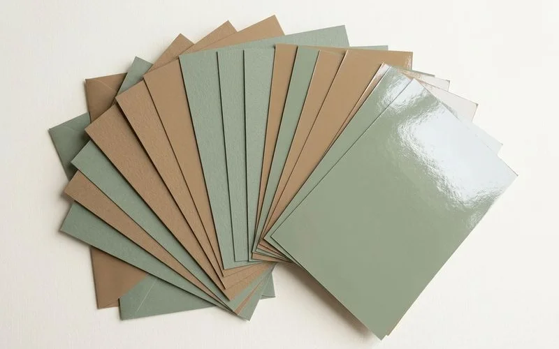 Comparison of wedding invitation printing options with different paper stocks and finishes