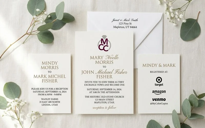 Complete wedding invitation suite with matching insert cards for reception, open house, and registry details