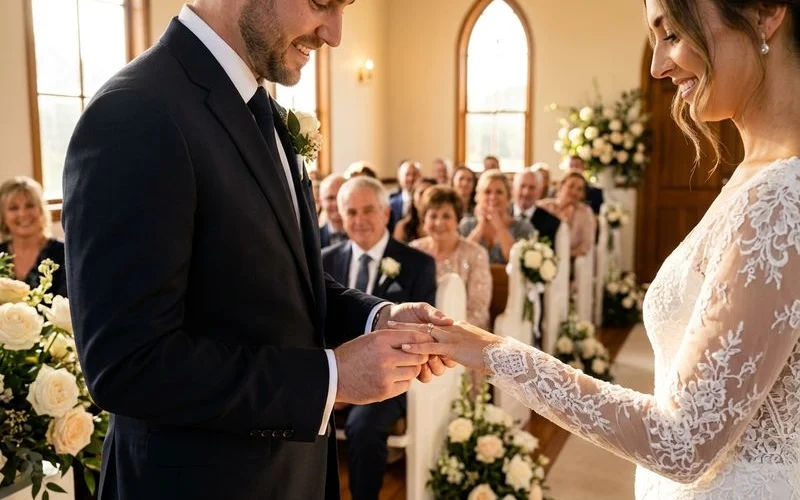 Couple exchanging rings at a ring ceremony with family members watching at a venue
