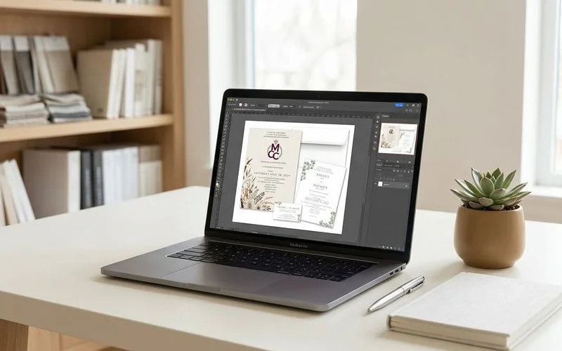 Digital proof of a wedding invitation displayed on a laptop screen for a couple to review