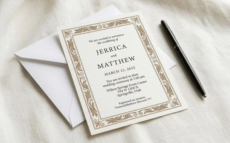 Elegant temple sealing invitation card featuring formal wording and classic typography