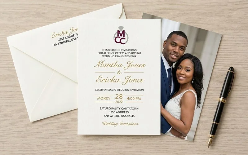 Finished photo-back wedding invitation printed on premium cardstock with vibrant color reproduction