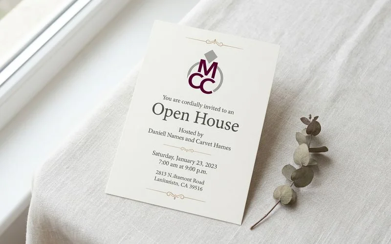 Open house wedding invitation with elegant wording displaying time range and venue details