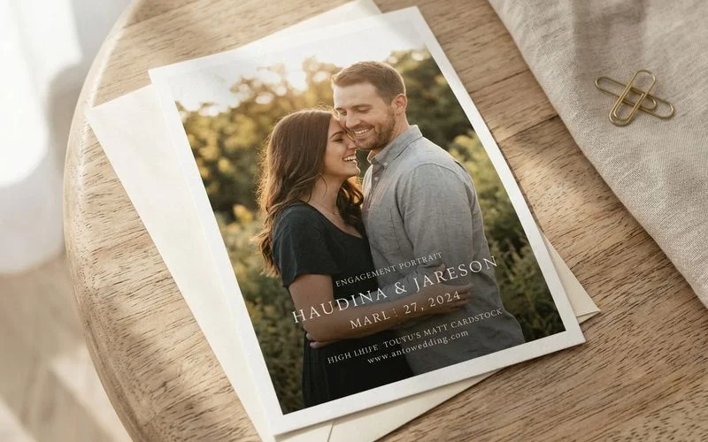 Photo wedding invitation featuring an engagement portrait with elegant text overlay and design elements