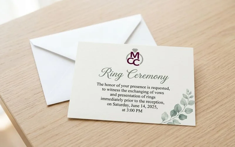 Ring ceremony invitation insert card with warm and welcoming wording for family guests