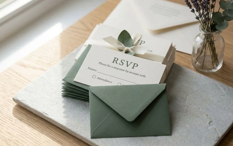 Stack of RSVP cards with pre-addressed return envelopes ready to send with invitations