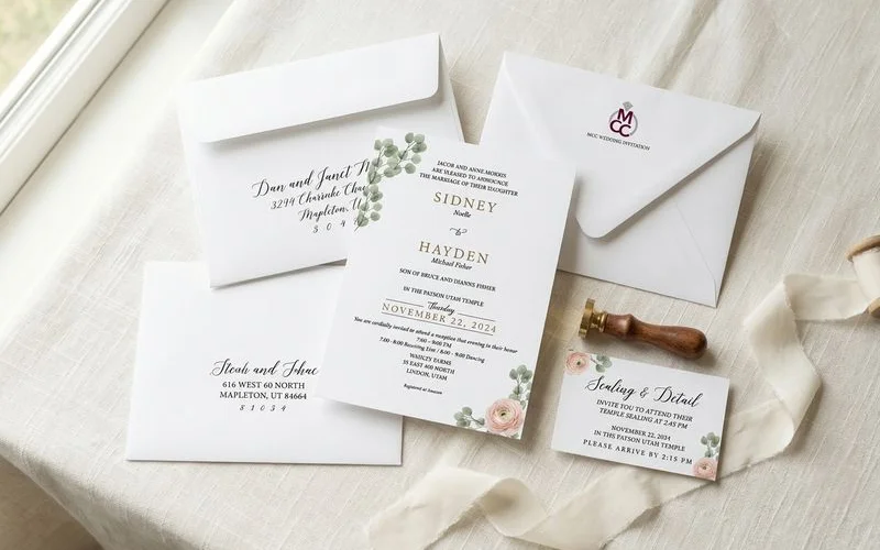 Beautifully designed temple sealing invitation suite with matching envelopes and insert cards