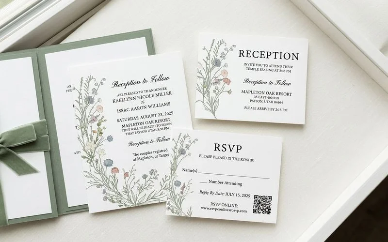 Wedding invitation insert cards displaying reception details and RSVP information