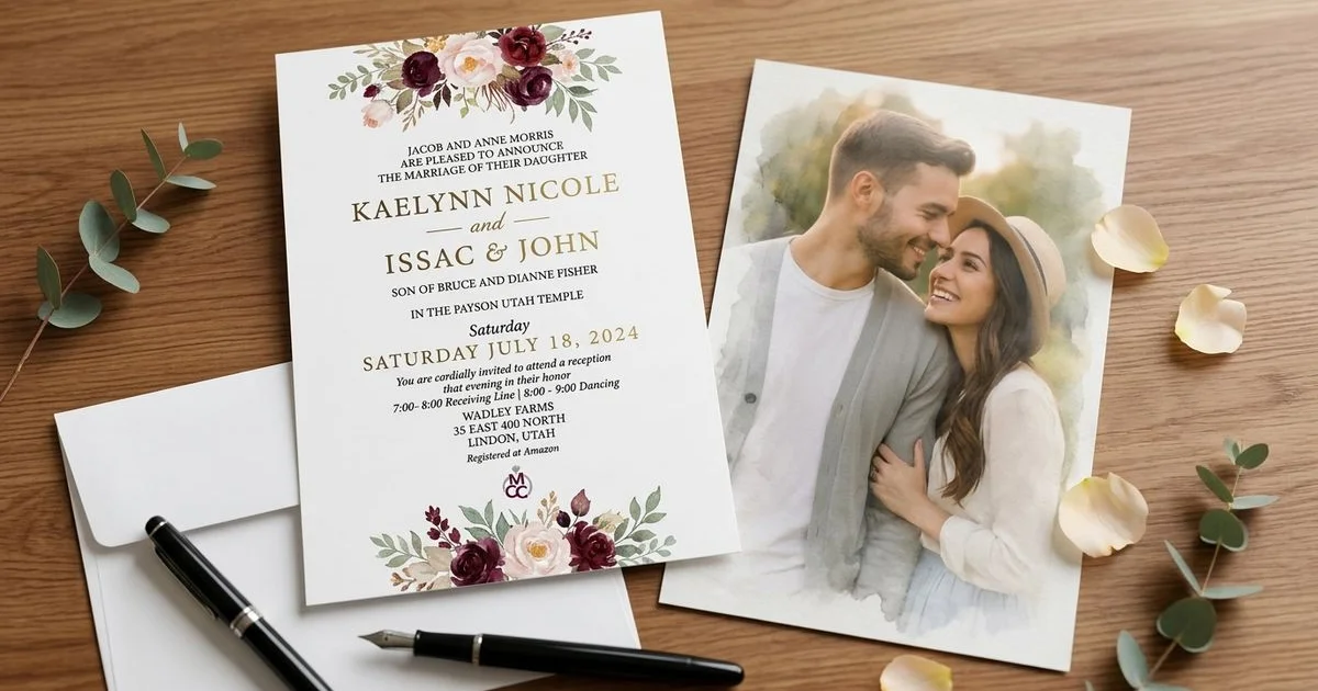 Photo-back wedding invitation showing an engagement photo on the back and wording on the front